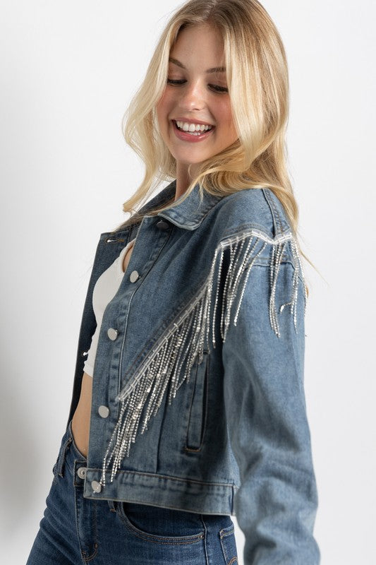 CROP DENIM JACKET WITH RHINESTONE FRINGE by Sweet Generis | Fleurcouture