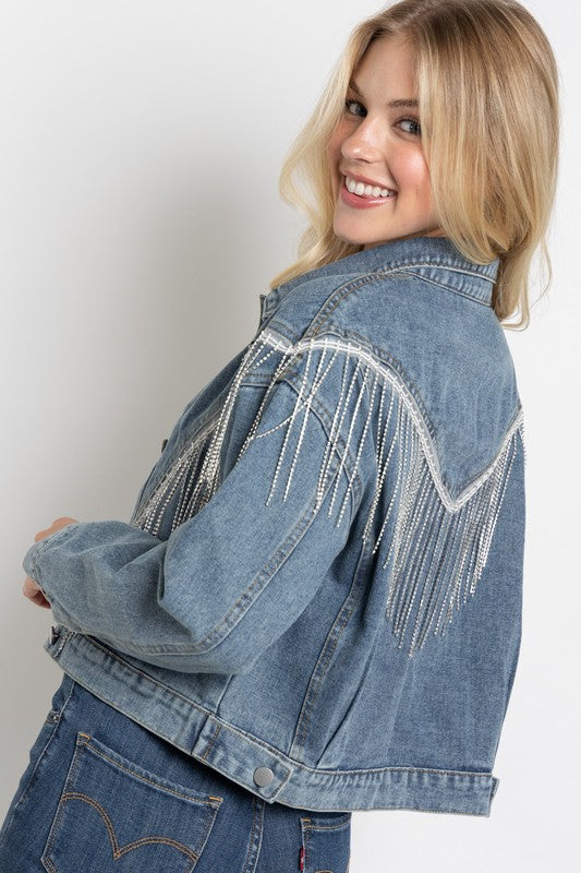 CROP DENIM JACKET WITH RHINESTONE FRINGE by Sweet Generis | Fleurcouture