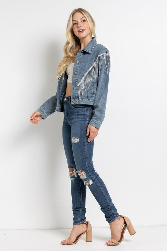 CROP DENIM JACKET WITH RHINESTONE FRINGE by Sweet Generis | Fleurcouture