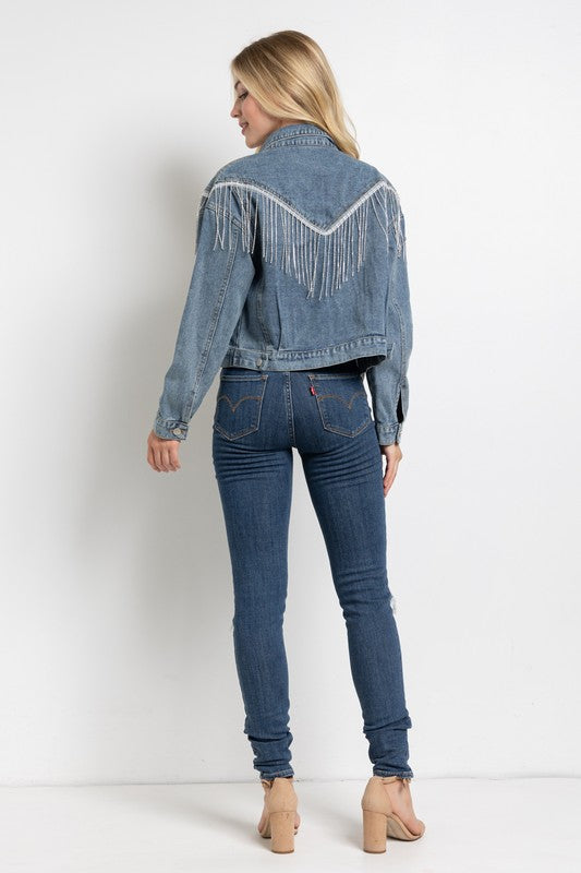 CROP DENIM JACKET WITH RHINESTONE FRINGE by Sweet Generis | Fleurcouture