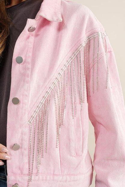 CROP DENIM JACKET WITH RHINESTONE FRINGE by Sweet Generis | Fleurcouture