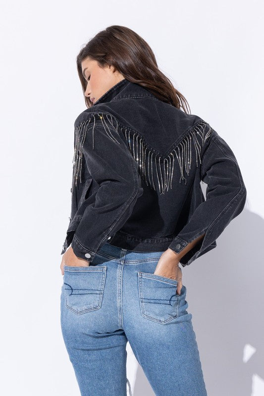 CROP DENIM JACKET WITH RHINESTONE FRINGE by Sweet Generis | Fleurcouture