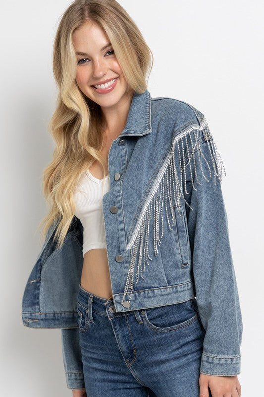 CROP DENIM JACKET WITH RHINESTONE FRINGE by Sweet Generis | Fleurcouture