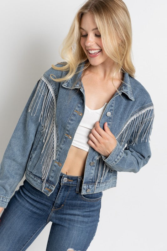 CROP DENIM JACKET WITH RHINESTONE FRINGE by Sweet Generis | Fleurcouture