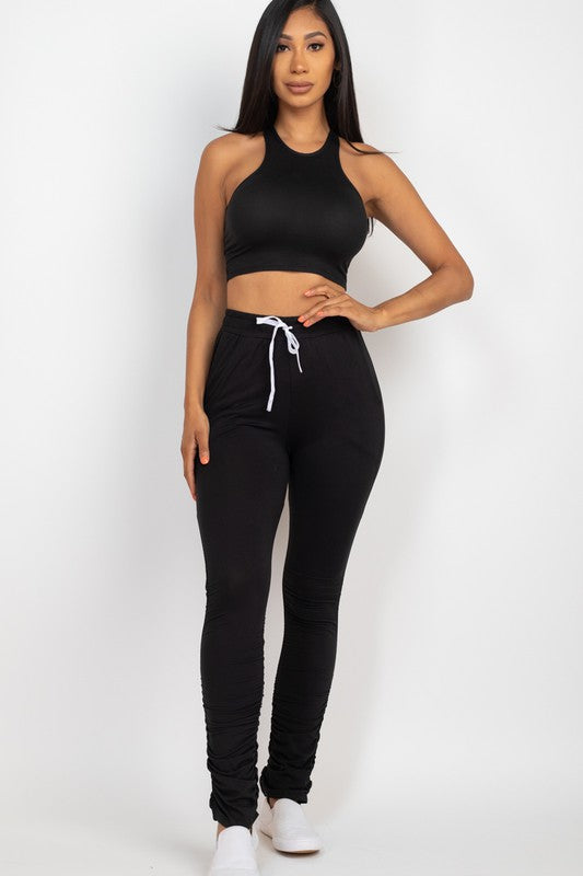 Crop Top &amp; Ruched Drawstring Pants Set Black S by Capella | Fleurcouture