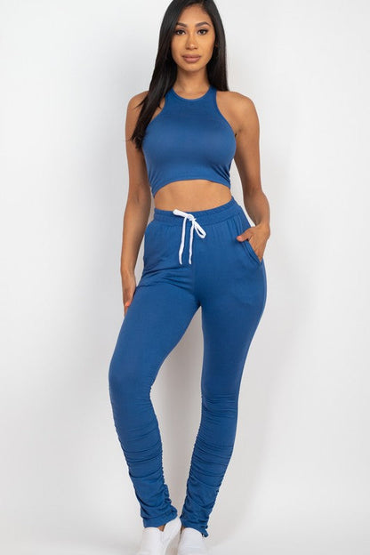 Crop Top &amp; Ruched Drawstring Pants Set Blue haze S by Capella | Fleurcouture