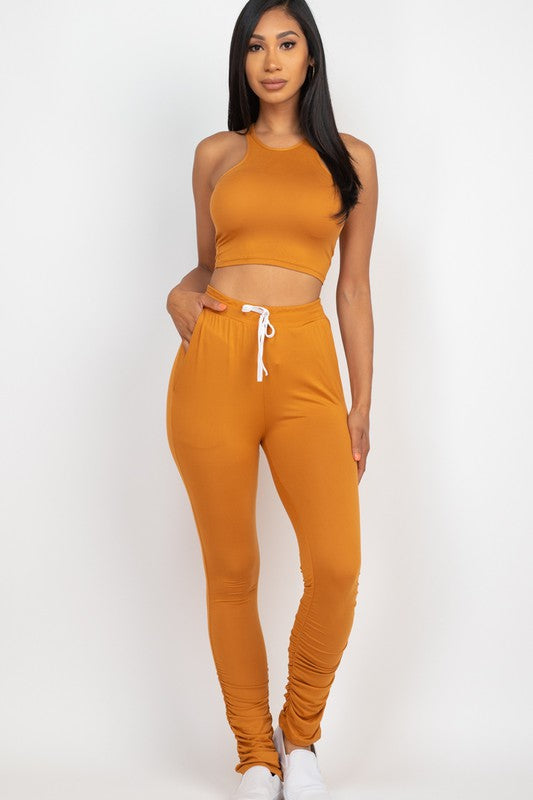 Crop Top &amp; Ruched Drawstring Pants Set Camel S by Capella | Fleurcouture