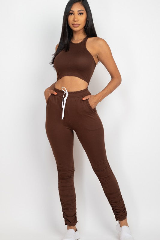 Crop Top &amp; Ruched Drawstring Pants Set Coffee S by Capella | Fleurcouture