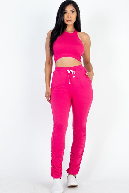 Crop Top &amp; Ruched Drawstring Pants Set Fuchsia S by Capella | Fleurcouture