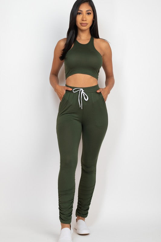 Crop Top &amp; Ruched Drawstring Pants Set Olive S by Capella | Fleurcouture