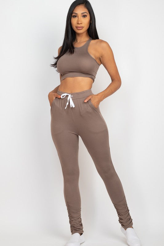 Crop Top &amp; Ruched Drawstring Pants Set Taupe S by Capella | Fleurcouture