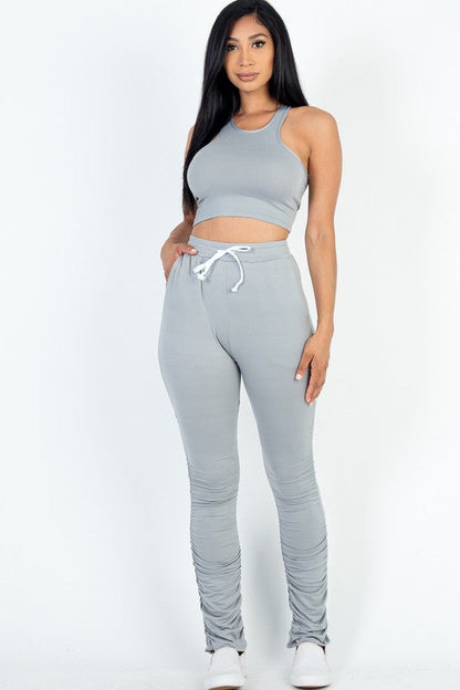 Crop Top &amp; Ruched Drawstring Pants Set ULTIMATE GRAY S by Capella | Fleurcouture