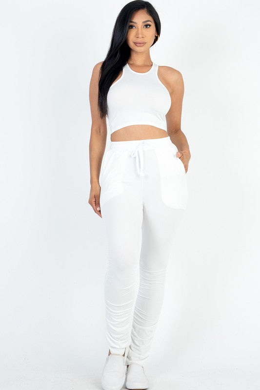 Crop Top &amp; Ruched Drawstring Pants Set White S by Capella | Fleurcouture