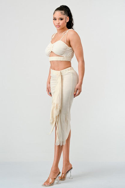 CROP TOP &amp; SPLIT TIGHT SKIRT SET CREAM by Athina | Fleurcouture