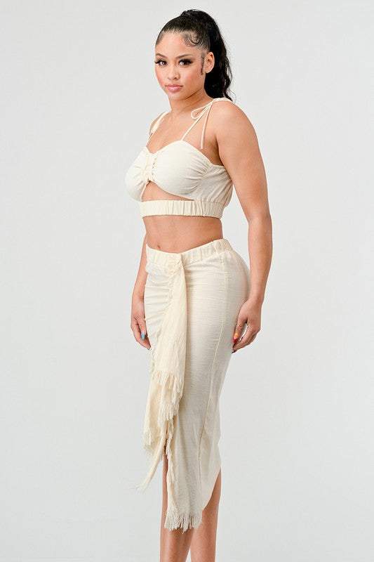 CROP TOP &amp; SPLIT TIGHT SKIRT SET CREAM by Athina | Fleurcouture