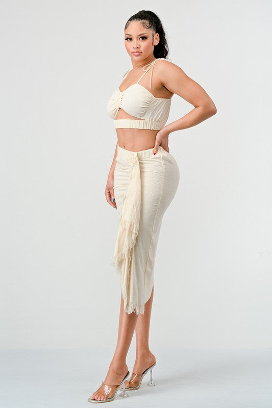 CROP TOP &amp; SPLIT TIGHT SKIRT SET CREAM by Athina | Fleurcouture