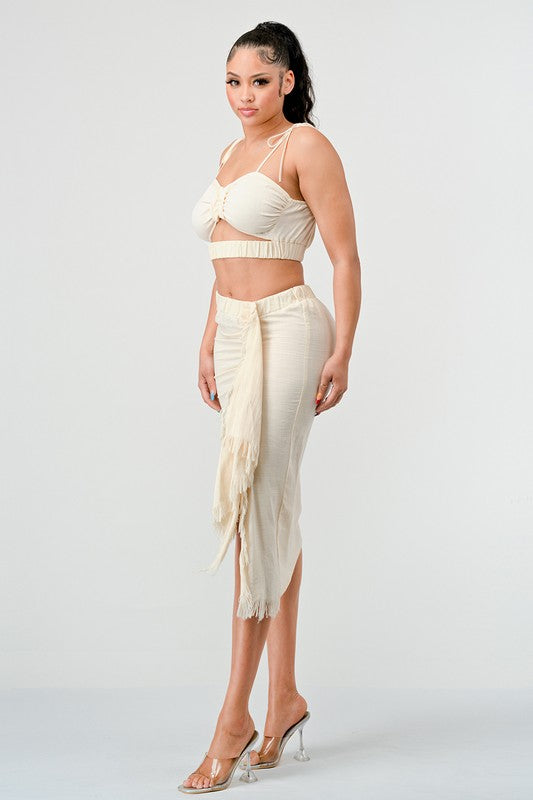 CROP TOP &amp; SPLIT TIGHT SKIRT SET CREAM by Athina | Fleurcouture