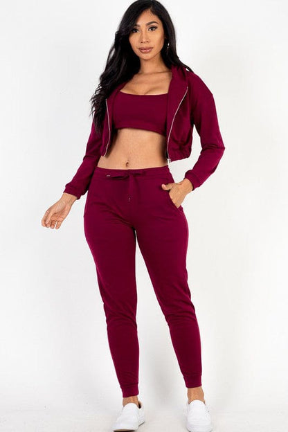 Cropped Cami with Zip-up Jacket and Joggers Set Burgundy S by Capella | Fleurcouture