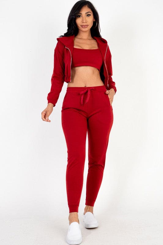 Cropped Cami with Zip-up Jacket and Joggers Set Rust S by Capella | Fleurcouture