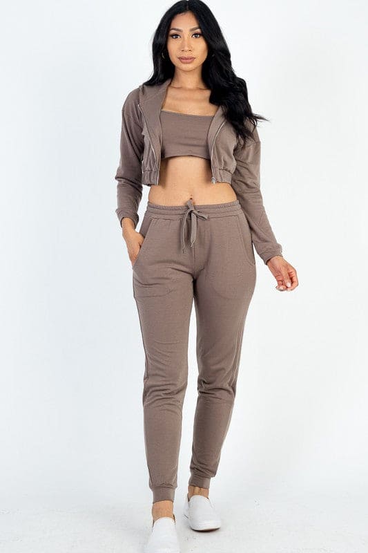 Cropped Cami with Zip-up Jacket and Joggers Set Taupe S by Capella | Fleurcouture