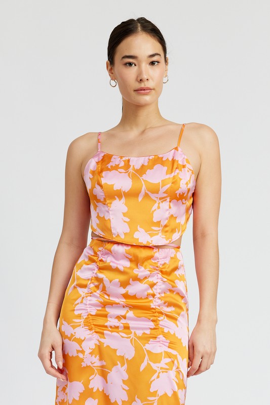 CROPPED WOVEN TOP WITH BACK TIE ORANGE PINK PRINT S by Emory Park | Fleurcouture