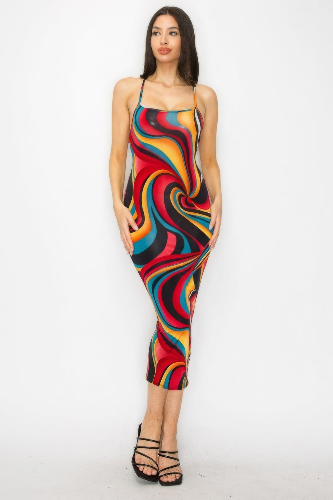 Crossed Back Marble Print Multicolor Midi Dress by Fleurcouture | Fleurcouture
