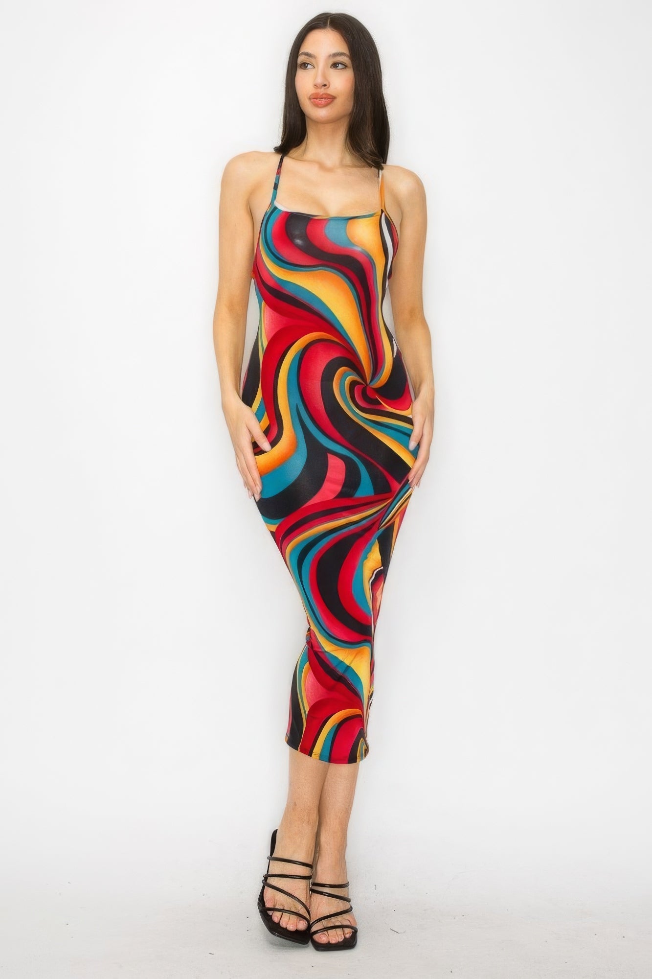 Crossed Back Marble Print Multicolor Midi Dress by Fleurcouture | Fleurcouture
