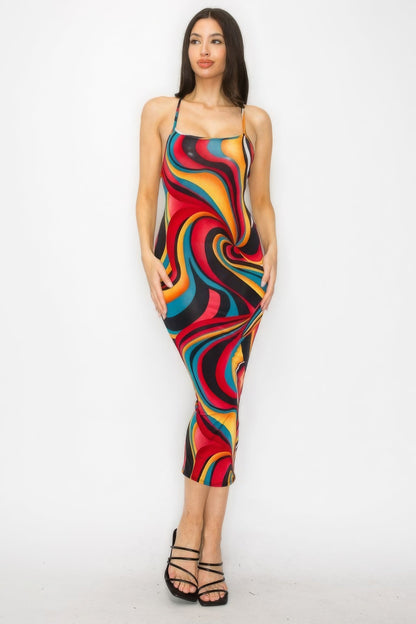 Crossed Back Marble Print Multicolor Midi Dress by Fleurcouture | Fleurcouture