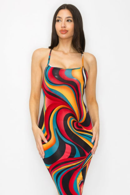 Crossed Back Marble Print Multicolor Midi Dress by Fleurcouture | Fleurcouture