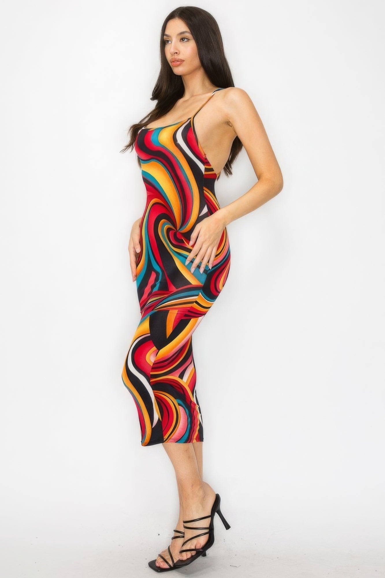 Crossed Back Marble Print Multicolor Midi Dress by Fleurcouture | Fleurcouture