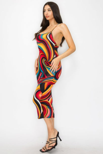 Crossed Back Marble Print Multicolor Midi Dress by Fleurcouture | Fleurcouture