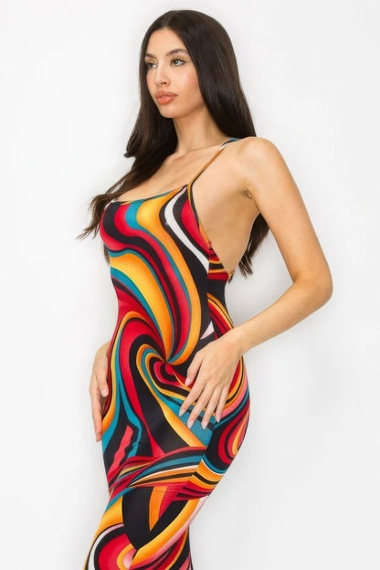 Crossed Back Marble Print Multicolor Midi Dress by Fleurcouture | Fleurcouture