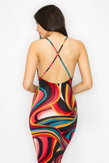 Crossed Back Marble Print Multicolor Midi Dress by Fleurcouture | Fleurcouture