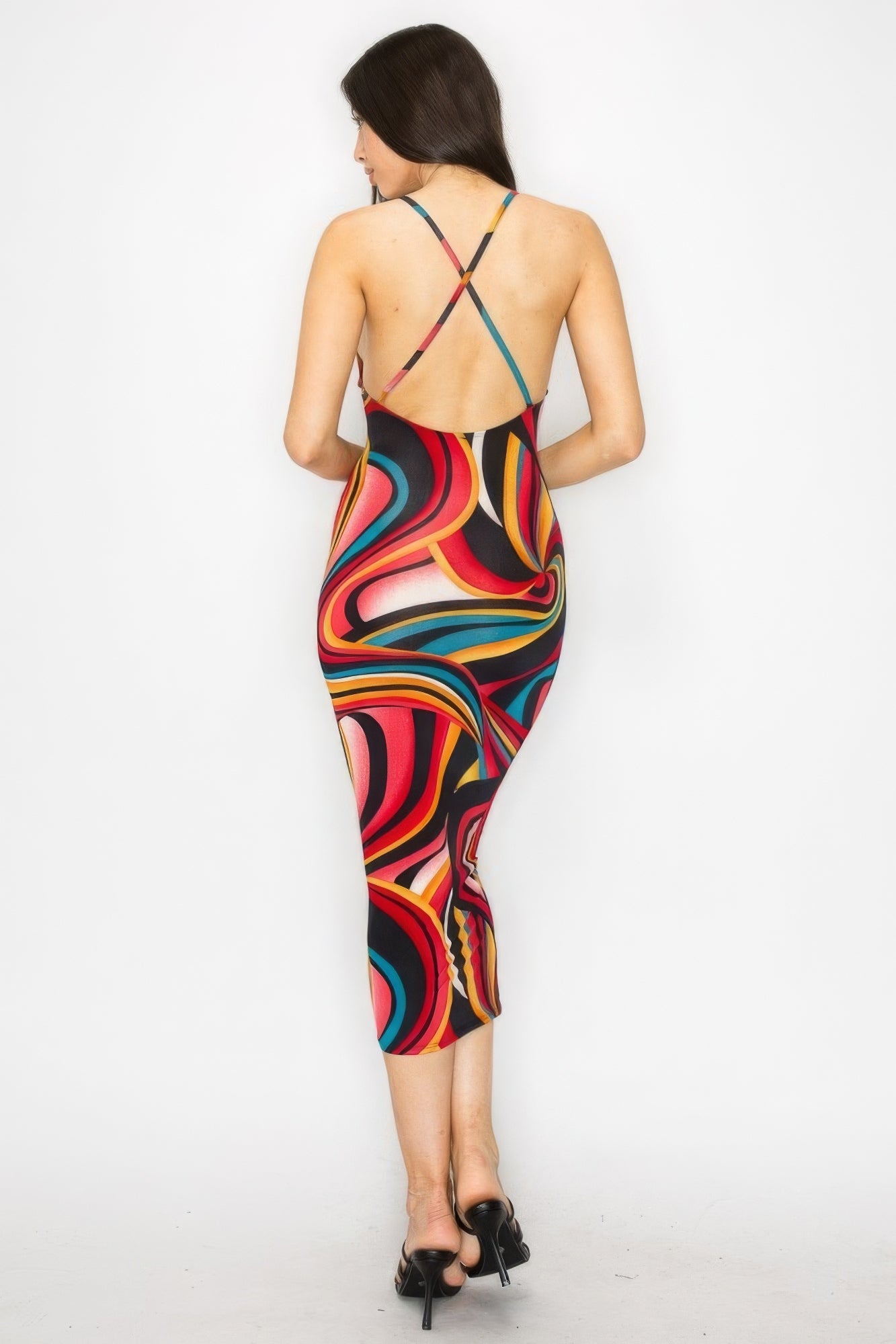 Crossed Back Marble Print Multicolor Midi Dress by Fleurcouture | Fleurcouture
