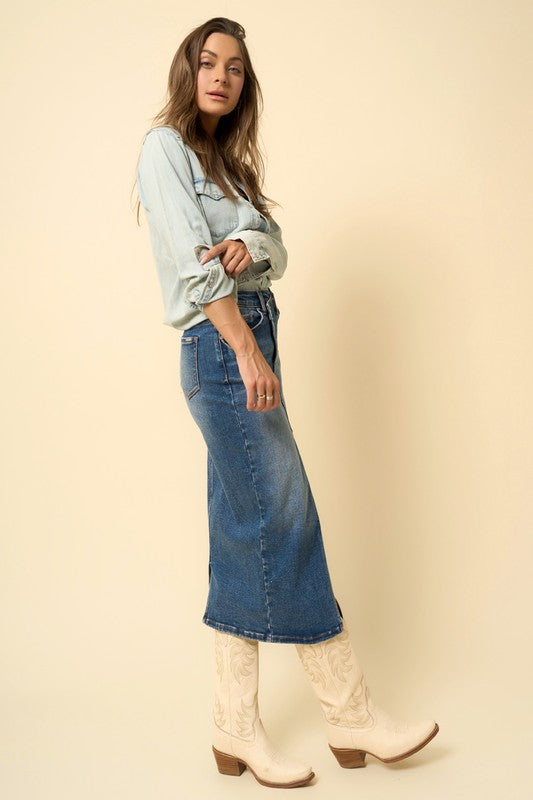 CROSSOVER MIDI SKIRT DARK DENIM by Denim Lab USA | Fleurcouture