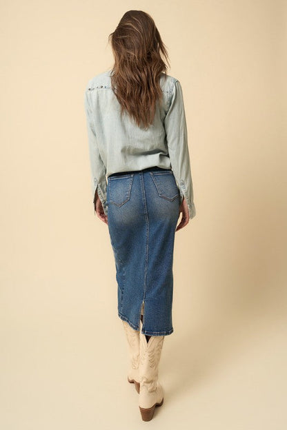 CROSSOVER MIDI SKIRT DARK DENIM by Denim Lab USA | Fleurcouture