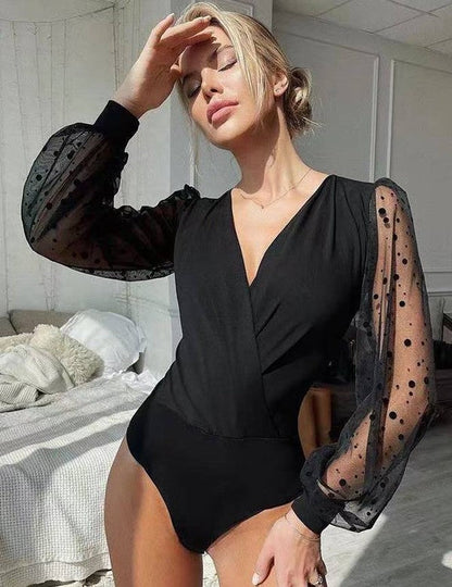 Crotch Polka dot mesh Long Sleeve V Neck Bodysuit BLACK S by Annva USA | Fleurcouture