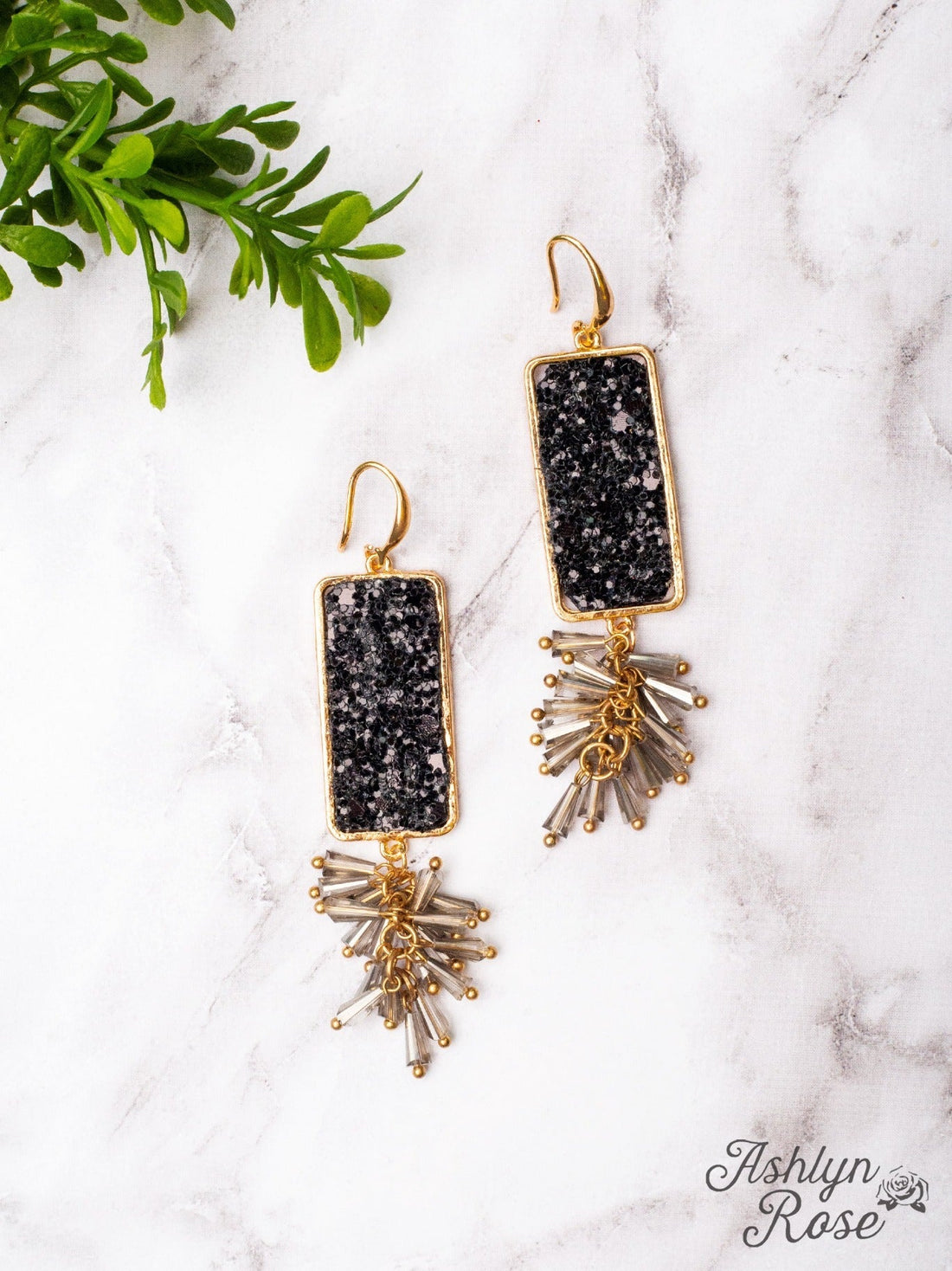 CRUSHING ON YOU BLACK CRYSTAL RECTANGLE DANGLE EARRINGS Black One Size Earrings by Ashlyn Rose | Fleurcouture