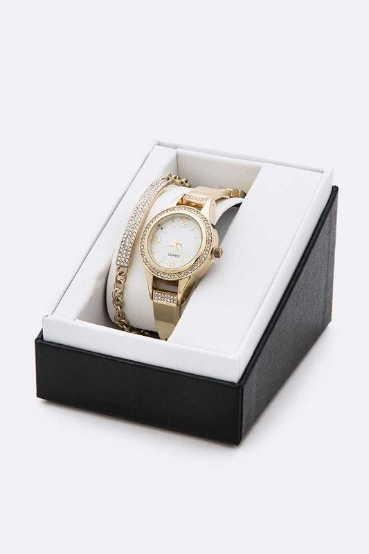 Crystal Bezel Bracelet Watch Set Gold O/S by Artini Accessories | Fleurcouture