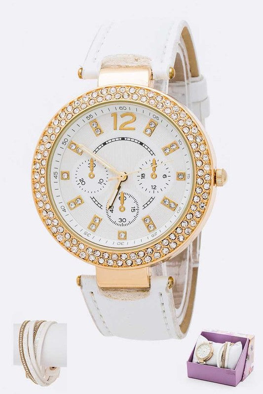 Crystal Bezel Fashion Watch Bracelet Set White O/S by Artini Accessories | Fleurcouture