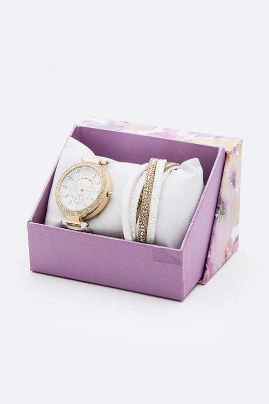 Crystal Bezel Fashion Watch Bracelet Set White O/S by Artini Accessories | Fleurcouture