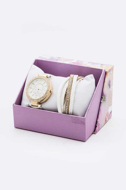 Crystal Bezel Fashion Watch Bracelet Set White O/S by Artini Accessories | Fleurcouture