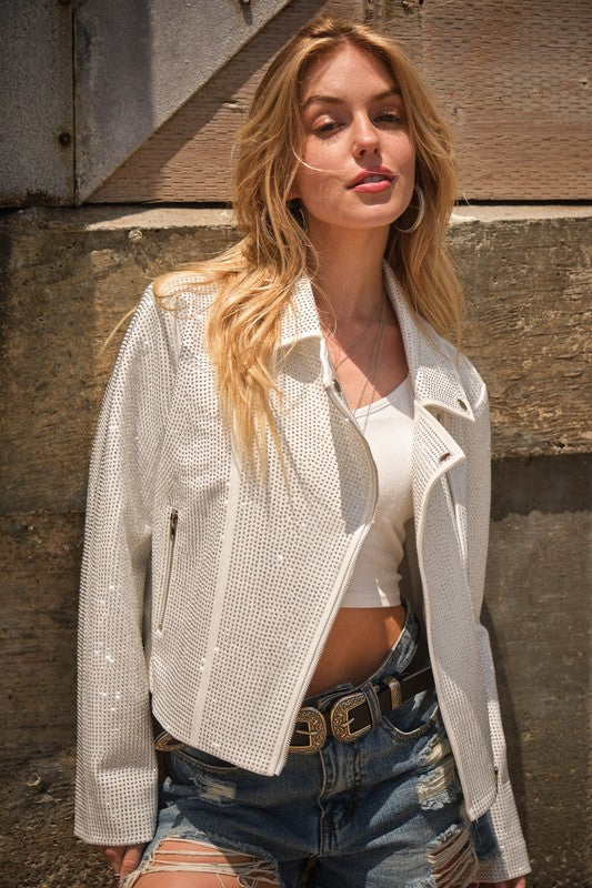 Crystal Studded Stretch Zip Up Moto Jacket White S by Blue B | Fleurcouture