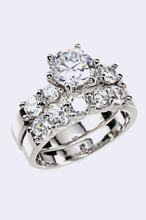 Cubic Zirconia Double Ring Rhodium 6 by LA Jewelry Plaza | Fleurcouture