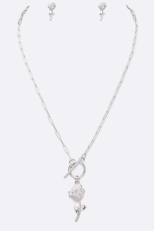 Cubic Zirconia Rose Pendant Necklace Set RHODIUM/CLEAR O/S by LA Jewelry Plaza | Fleurcouture