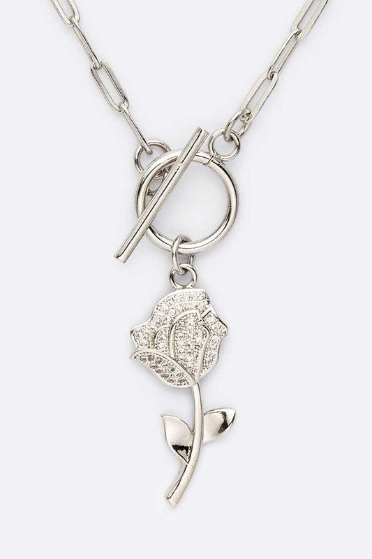 Cubic Zirconia Rose Pendant Necklace Set RHODIUM/CLEAR O/S by LA Jewelry Plaza | Fleurcouture