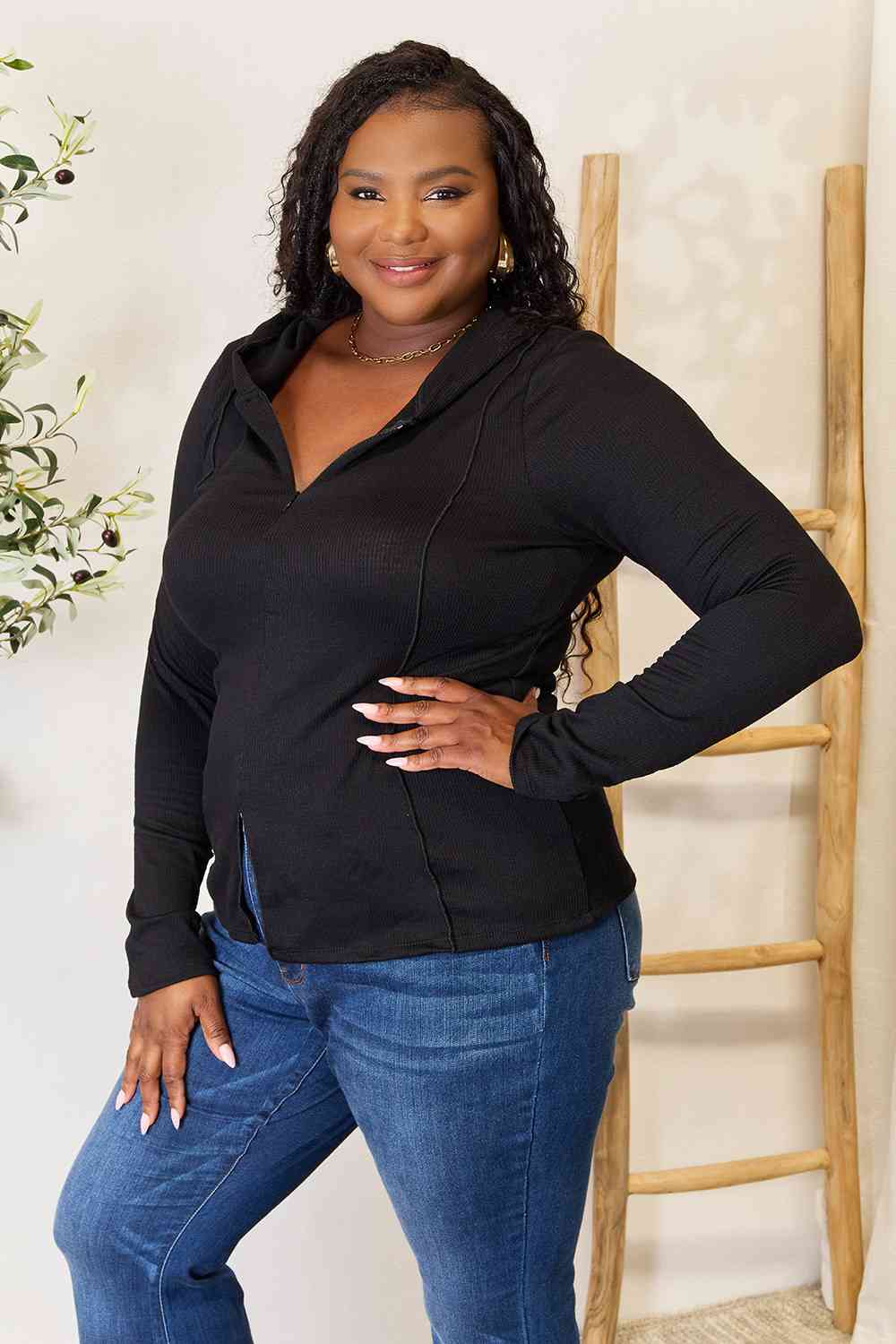 Culture Code Full Size Exposed Seam Long Sleeve Hoodie Black Tops by Trendsi | Fleurcouture