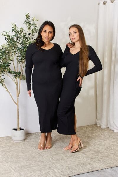 Culture Code Full Size Ribbed Long Sleeve Midi Slit Dress Black Dresses by Trendsi | Fleurcouture