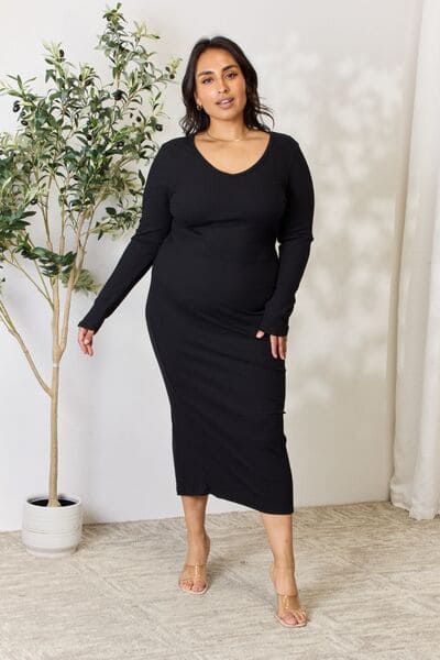 Culture Code Full Size Ribbed Long Sleeve Midi Slit Dress Black Dresses by Trendsi | Fleurcouture