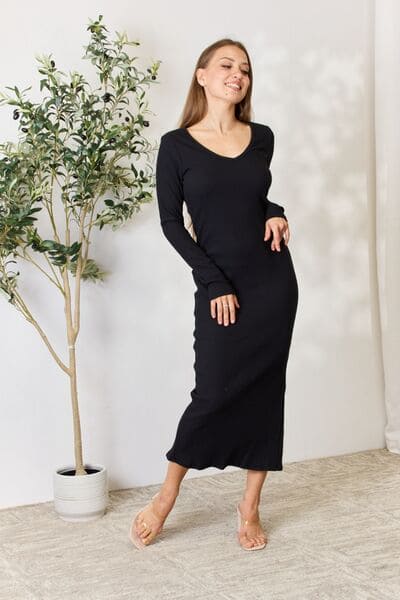 Culture Code Full Size Ribbed Long Sleeve Midi Slit Dress Black Dresses by Trendsi | Fleurcouture